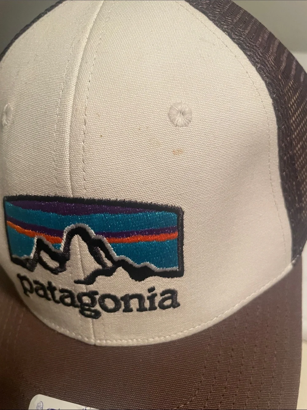 Patagonia Trucker Cap - Cream Front with Brown Bill and Multicolor Logo